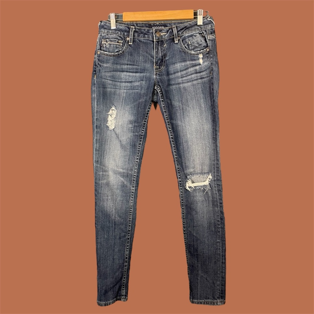 Vigoss Women’s Blue Dark Wash Distressed Tomboy Skinny Jeans Size 26